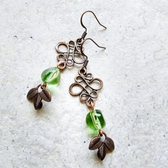 Feminine Copper Celtic Knot Filigree & Leaf Dangle Earrings ~ Spring + Fall - Picture 3 of 5